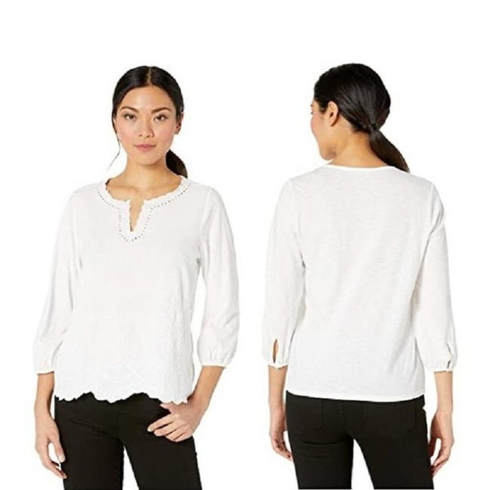 Lucky Brand V-Neck Long Sleeve Top - White Eyelet Shirt - Size XL